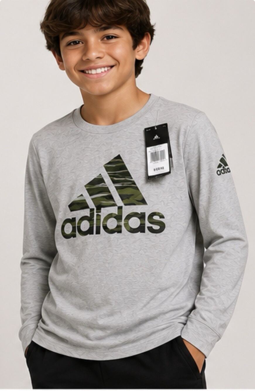 Adidas Boys L 14/16 Long Sleeve Logo Shirt Gray Camo Graphic NWT